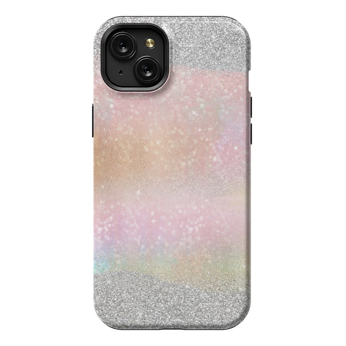 iPhone 15 Plus StrongFit Elegant Silver Gold strokes rainbow glow Glitter abstract image by InovArts