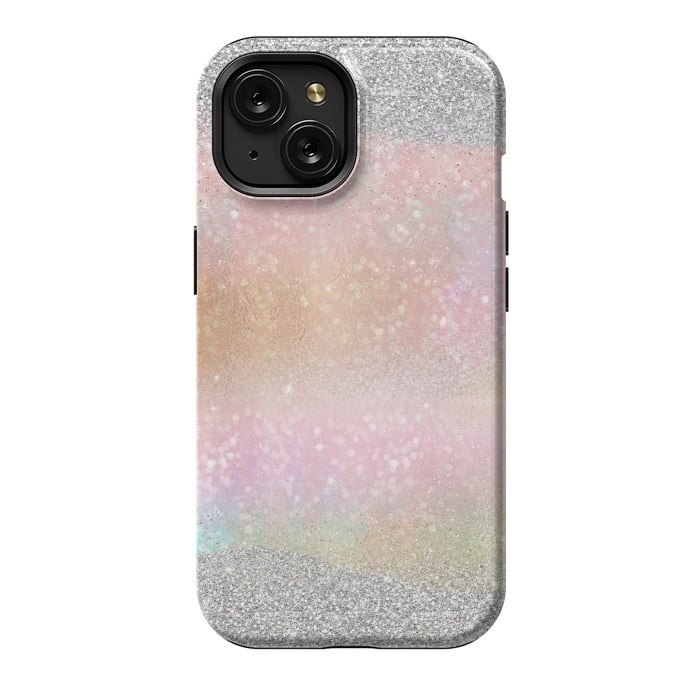 iPhone 15 StrongFit Elegant Silver Gold strokes rainbow glow Glitter abstract image by InovArts