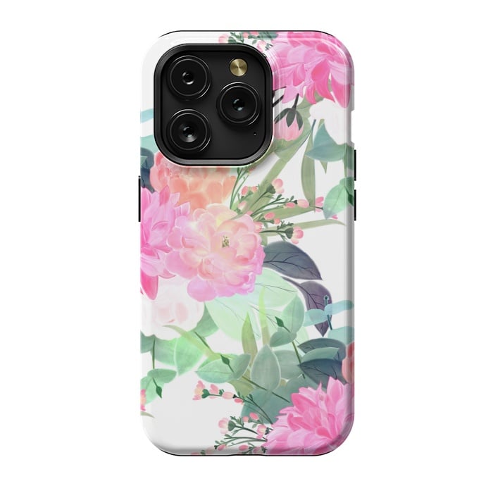 iPhone 15 Pro StrongFit Girly Pink & White Flowers Watercolor Paint by InovArts