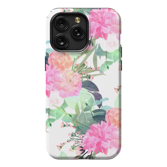 iPhone 15 Pro Max StrongFit Girly Pink & White Flowers Watercolor Paint by InovArts