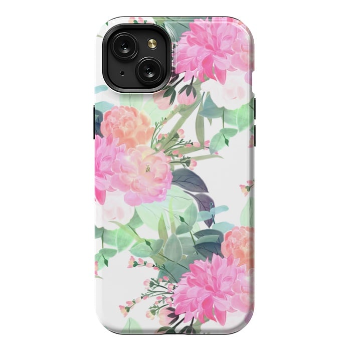iPhone 15 Plus StrongFit Girly Pink & White Flowers Watercolor Paint by InovArts