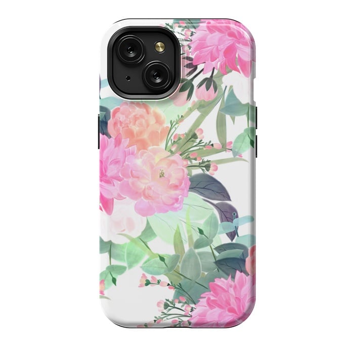 iPhone 15 StrongFit Girly Pink & White Flowers Watercolor Paint by InovArts