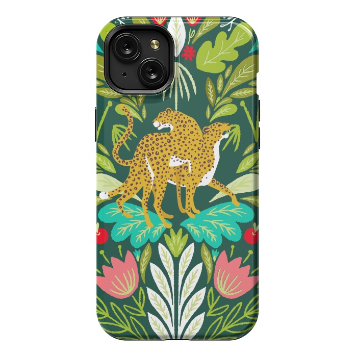 iPhone 15 Plus StrongFit "Cheetah Couple Illustration, Wild Cat Jungle Nature, Mandala Painting, Wildlife Tropical Tiger" by Uma Prabhakar Gokhale