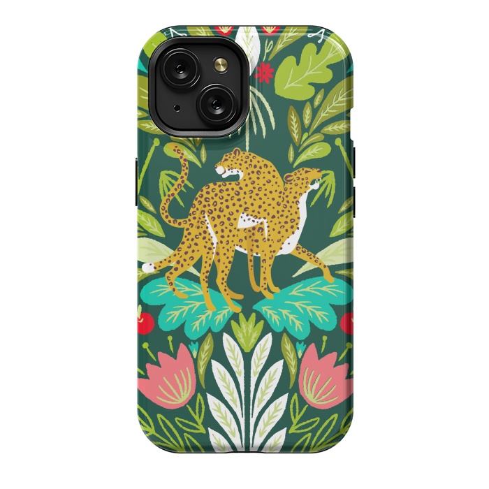 iPhone 15 StrongFit "Cheetah Couple Illustration, Wild Cat Jungle Nature, Mandala Painting, Wildlife Tropical Tiger" by Uma Prabhakar Gokhale