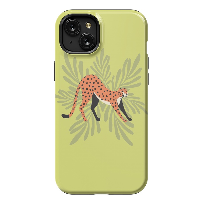 iPhone 15 Plus StrongFit Cheetah stretching mint by Jelena Obradovic