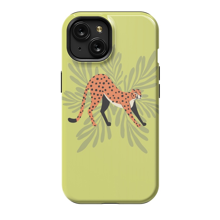 iPhone 15 StrongFit Cheetah stretching mint by Jelena Obradovic