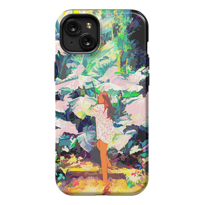 iPhone 15 Plus StrongFit Live Quietly In a Corner Of Nature, Modern Bohemian Woman Jungle Forest Eclectic Painting by Uma Prabhakar Gokhale