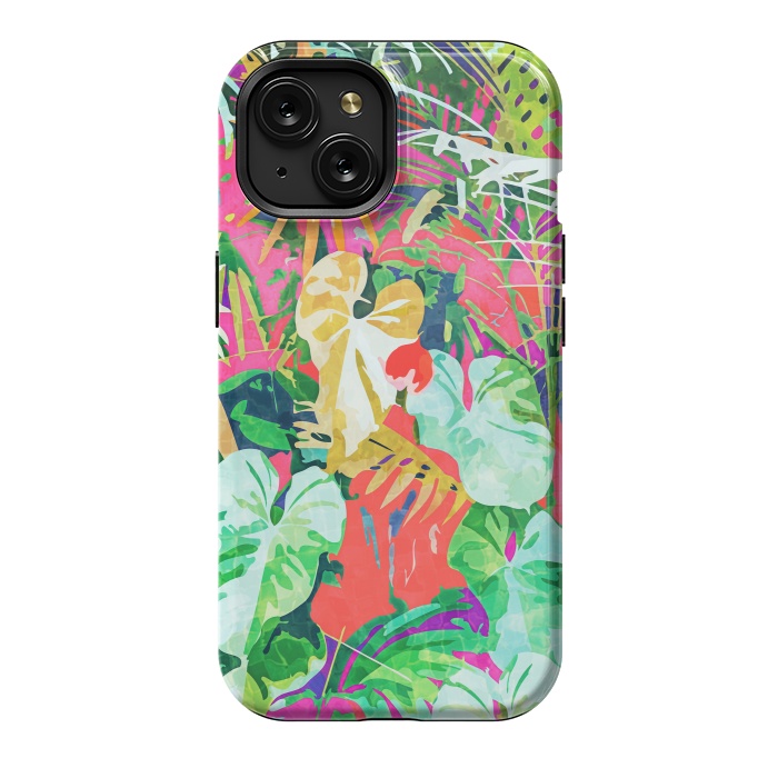 iPhone 15 StrongFit Find Me Where The Tropical Things Are | Jungle Botanical Palm Colorful Painting by Uma Prabhakar Gokhale