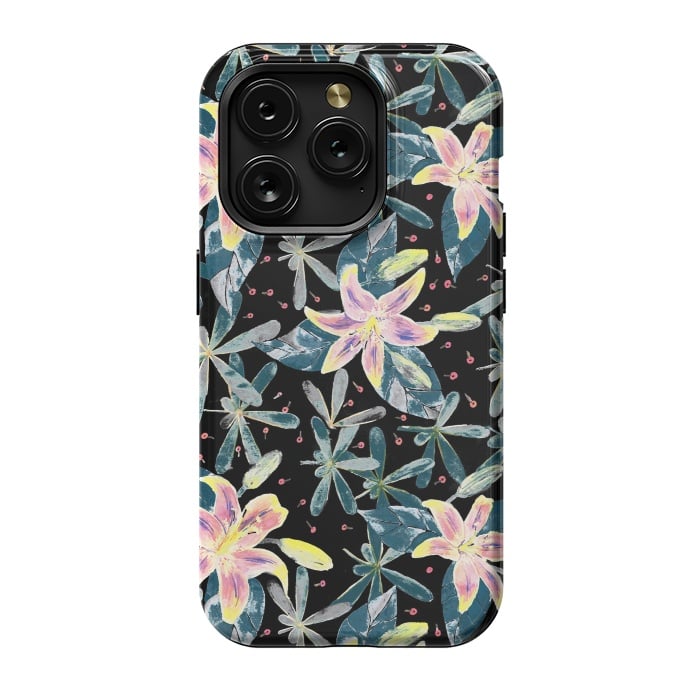 iPhone 15 Pro StrongFit Painted flowers and tropical leaves - dark green by Oana 