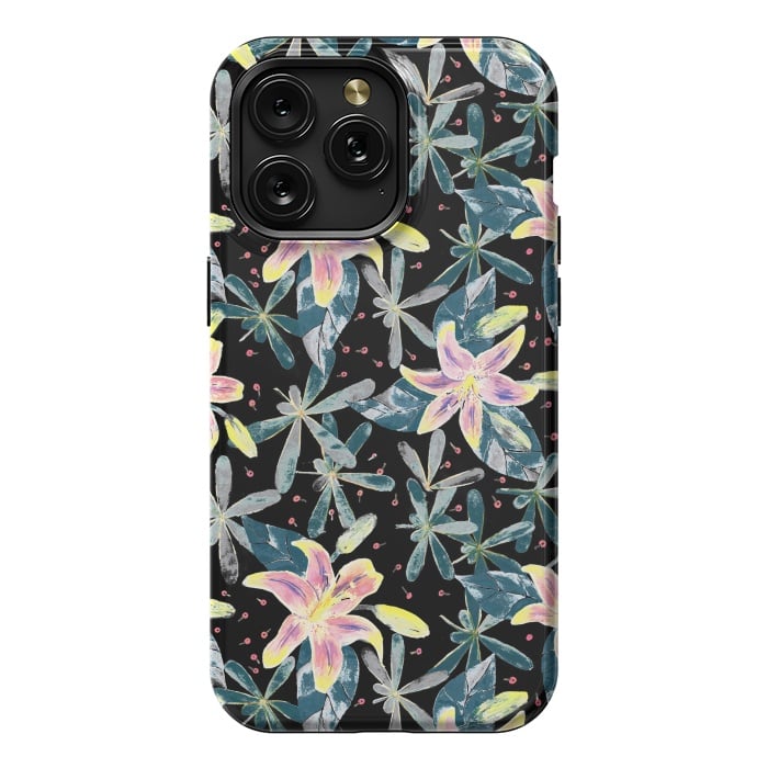 iPhone 15 Pro Max StrongFit Painted flowers and tropical leaves - dark green by Oana 