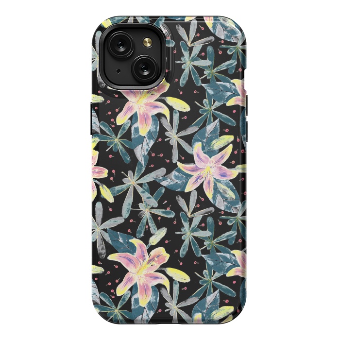 iPhone 15 Plus StrongFit Painted flowers and tropical leaves - dark green by Oana 