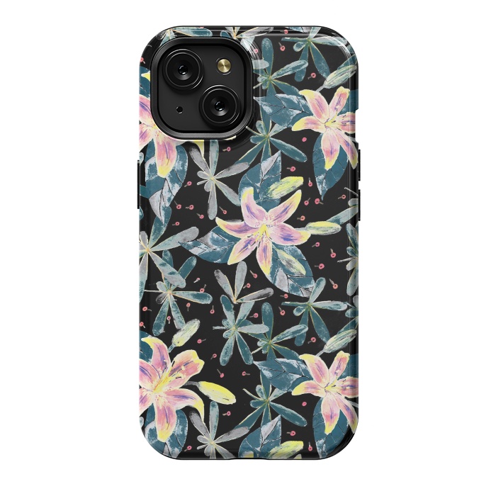iPhone 15 StrongFit Painted flowers and tropical leaves - dark green by Oana 