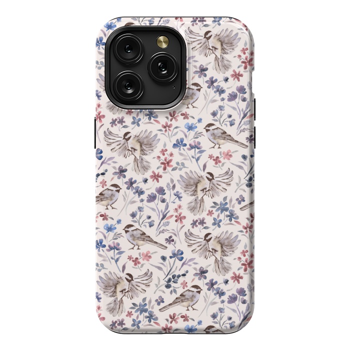 iPhone 15 Pro Max StrongFit Chickadees and Wildflowers on Cream by Micklyn Le Feuvre