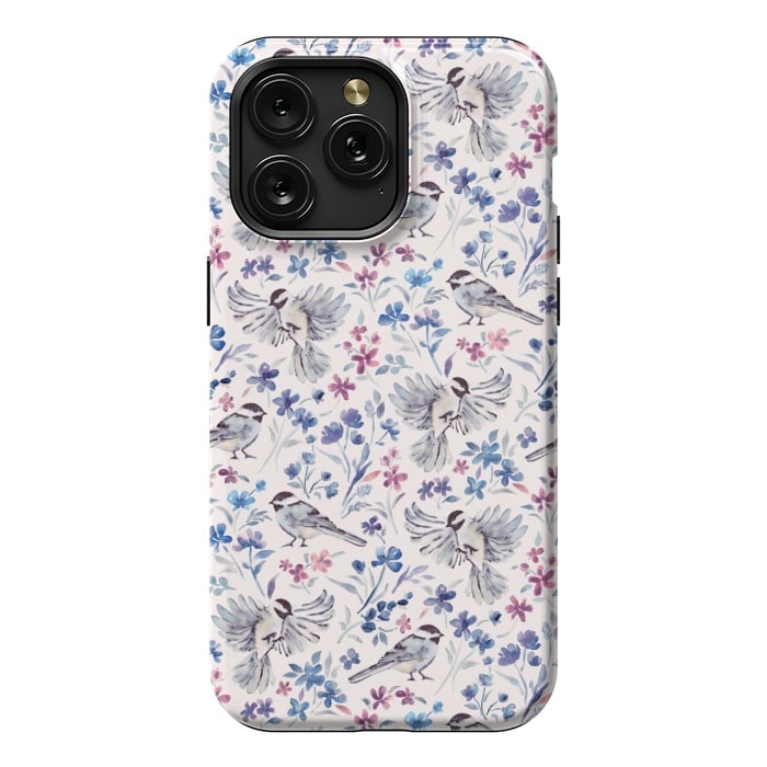 iPhone 15 Pro Max StrongFit Chickadees and Wildflowers in lavender blues on cream by Micklyn Le Feuvre