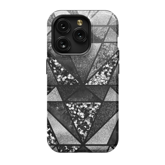iPhone 15 Pro StrongFit Black and silver glitter sparkle triangles by Oana 