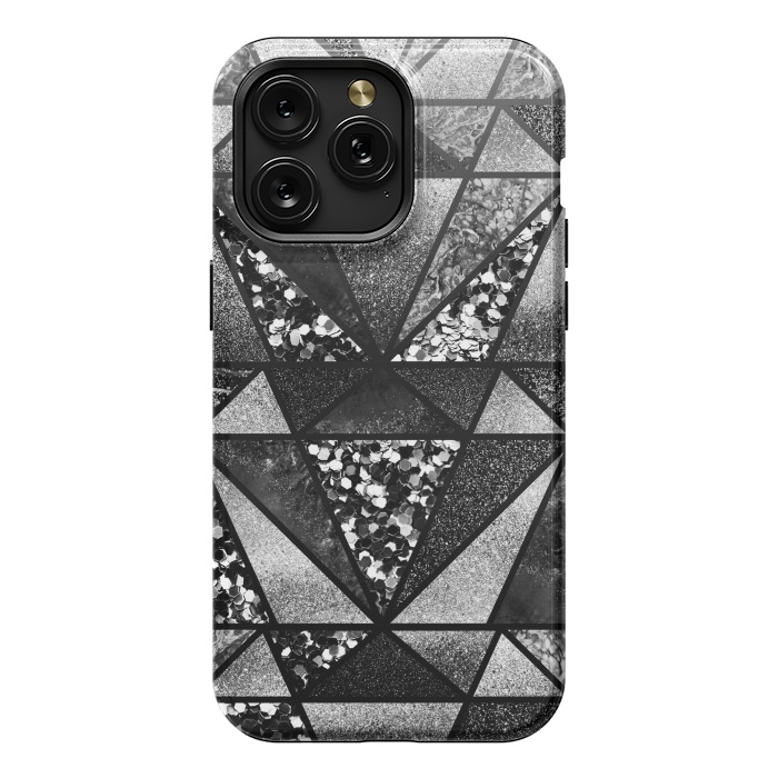iPhone 15 Pro Max StrongFit Black and silver glitter sparkle triangles by Oana 