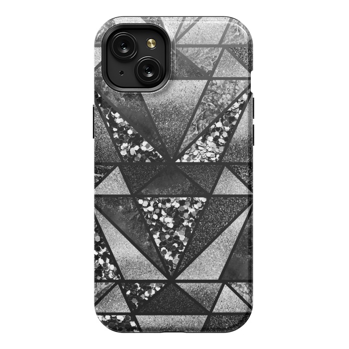 iPhone 15 Plus StrongFit Black and silver glitter sparkle triangles by Oana 