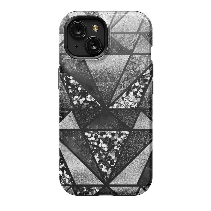 iPhone 15 StrongFit Black and silver glitter sparkle triangles by Oana 