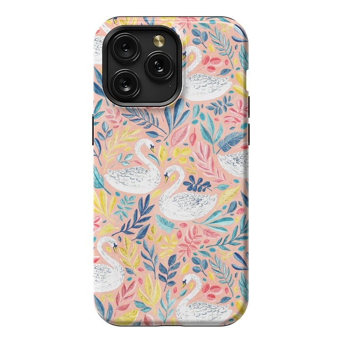 iPhone 15 Pro Max StrongFit Whimsical White Swans and Colorful Leaves on Pale Peach Pink by Micklyn Le Feuvre