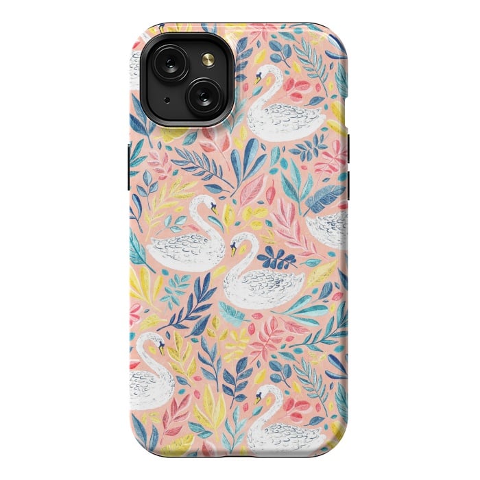 iPhone 15 Plus StrongFit Whimsical White Swans and Colorful Leaves on Pale Peach Pink by Micklyn Le Feuvre