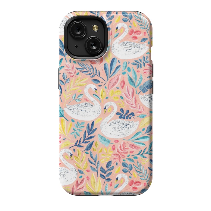 iPhone 15 StrongFit Whimsical White Swans and Colorful Leaves on Pale Peach Pink by Micklyn Le Feuvre