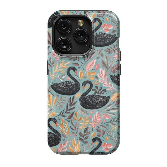 iPhone 15 Pro StrongFit Bonny Black Swans with Autumn Leaves on Sage by Micklyn Le Feuvre