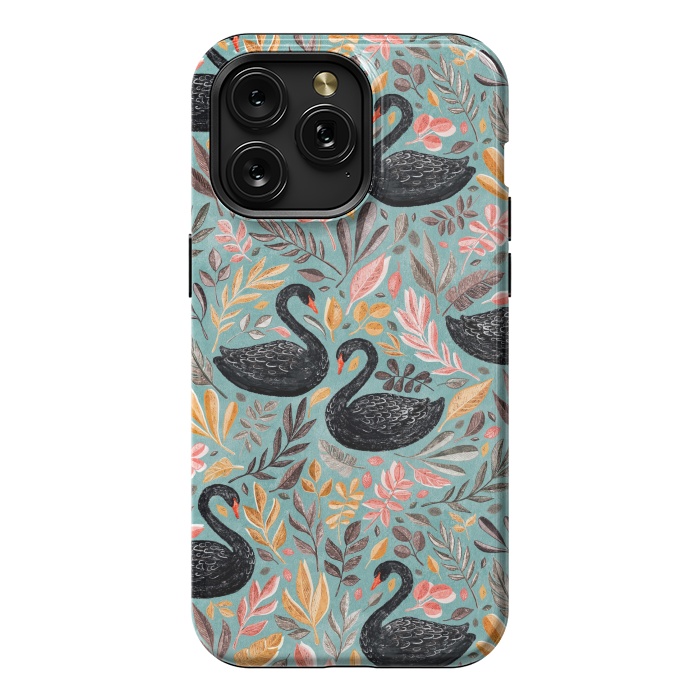 iPhone 15 Pro Max StrongFit Bonny Black Swans with Autumn Leaves on Sage by Micklyn Le Feuvre