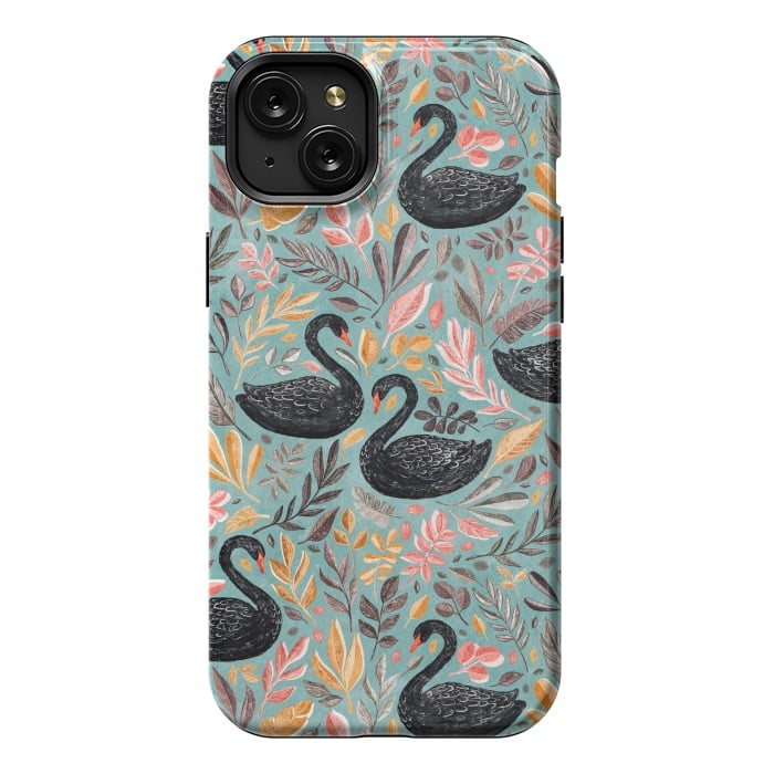 iPhone 15 Plus StrongFit Bonny Black Swans with Autumn Leaves on Sage by Micklyn Le Feuvre