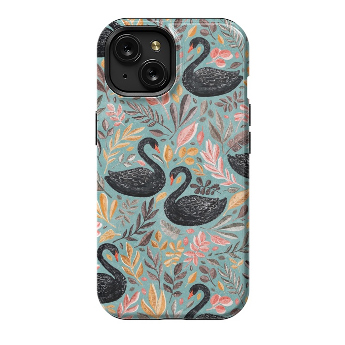 iPhone 15 StrongFit Bonny Black Swans with Autumn Leaves on Sage by Micklyn Le Feuvre