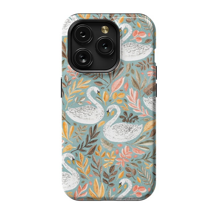 iPhone 15 Pro StrongFit Whimsical White Swans with Autumn Leaves on Sage by Micklyn Le Feuvre