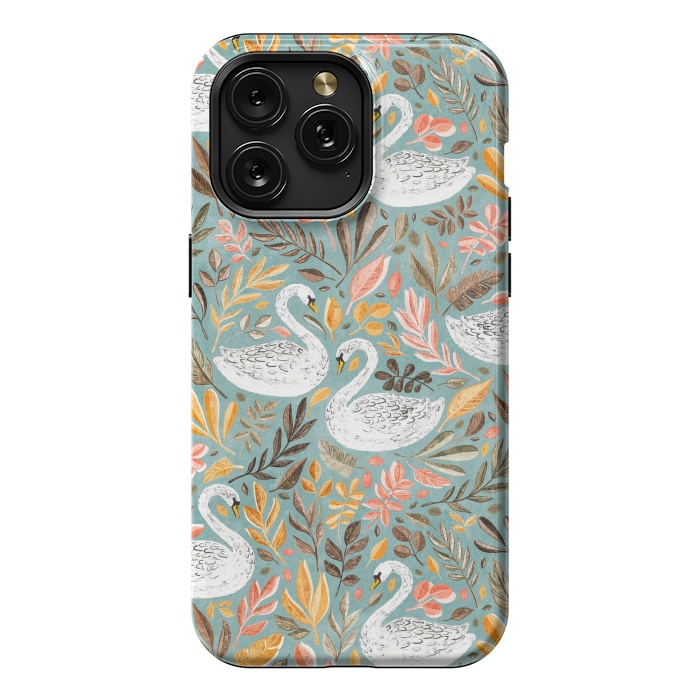 iPhone 15 Pro Max StrongFit Whimsical White Swans with Autumn Leaves on Sage by Micklyn Le Feuvre