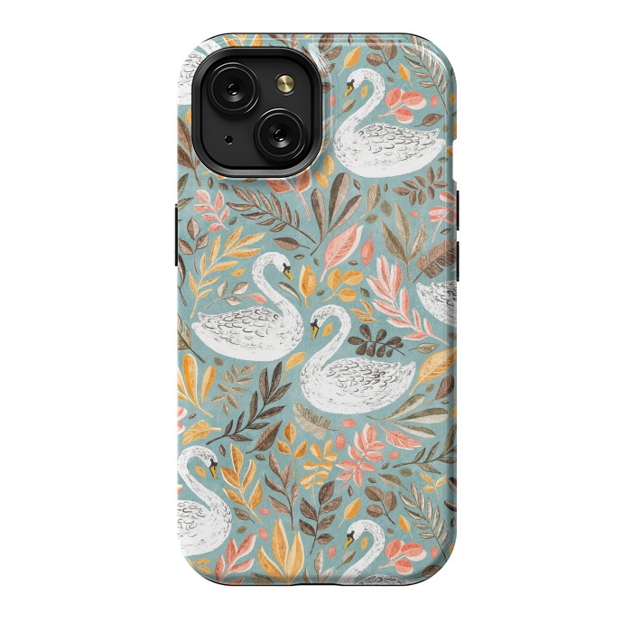 iPhone 15 StrongFit Whimsical White Swans with Autumn Leaves on Sage by Micklyn Le Feuvre