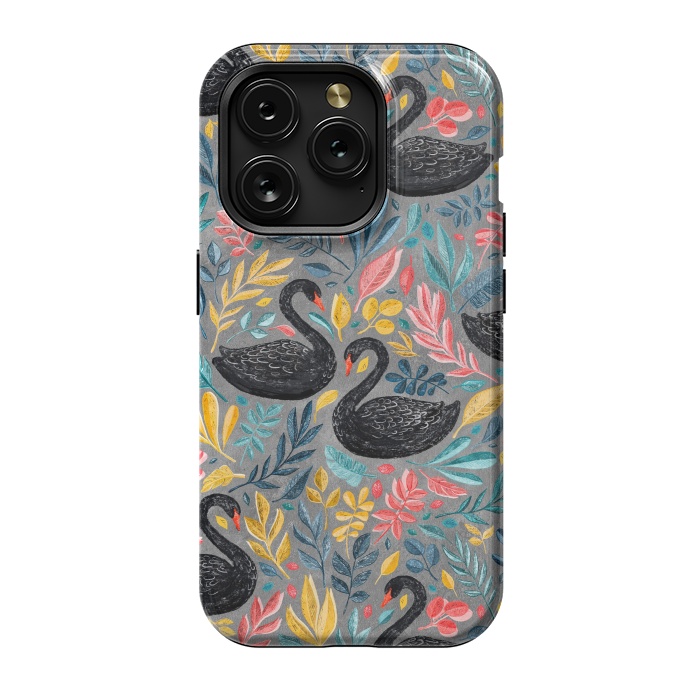 iPhone 15 Pro StrongFit Bonny Black Swans with Lots of Leaves on Grey by Micklyn Le Feuvre