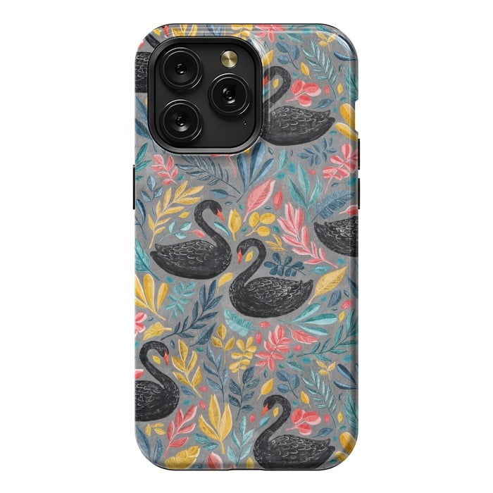 iPhone 15 Pro Max StrongFit Bonny Black Swans with Lots of Leaves on Grey by Micklyn Le Feuvre