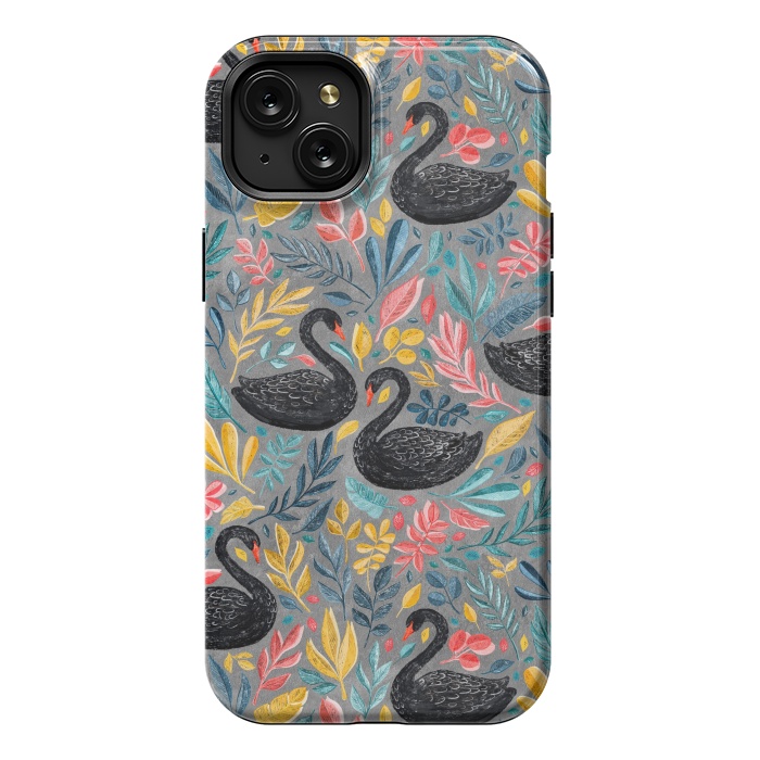 iPhone 15 Plus StrongFit Bonny Black Swans with Lots of Leaves on Grey by Micklyn Le Feuvre
