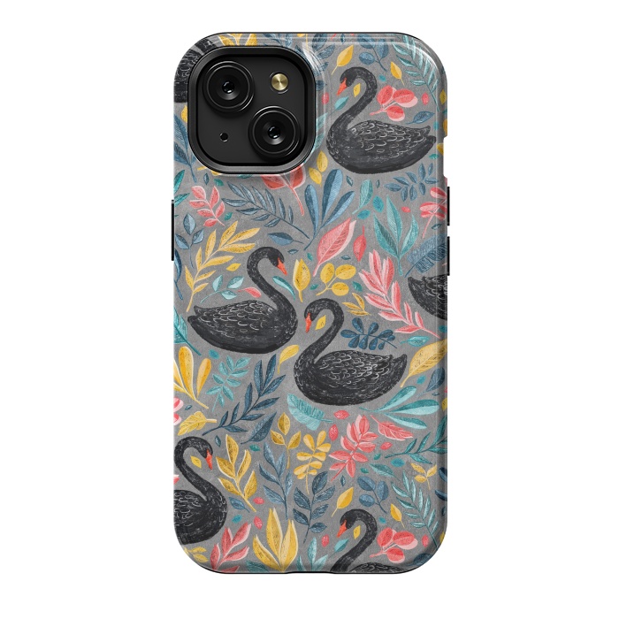 iPhone 15 StrongFit Bonny Black Swans with Lots of Leaves on Grey by Micklyn Le Feuvre