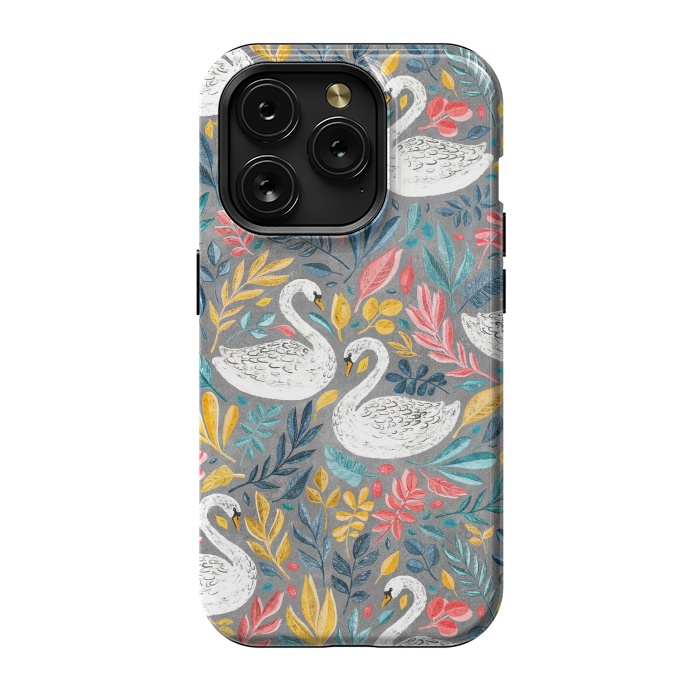 iPhone 15 Pro StrongFit Whimsical White Swans with Lots of Leaves on Grey by Micklyn Le Feuvre