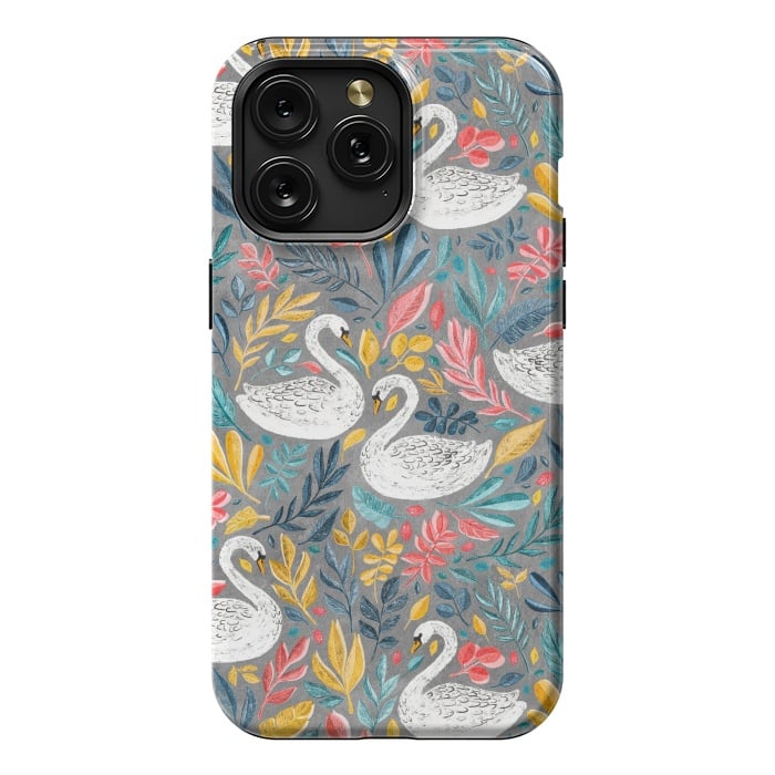 iPhone 15 Pro Max StrongFit Whimsical White Swans with Lots of Leaves on Grey by Micklyn Le Feuvre