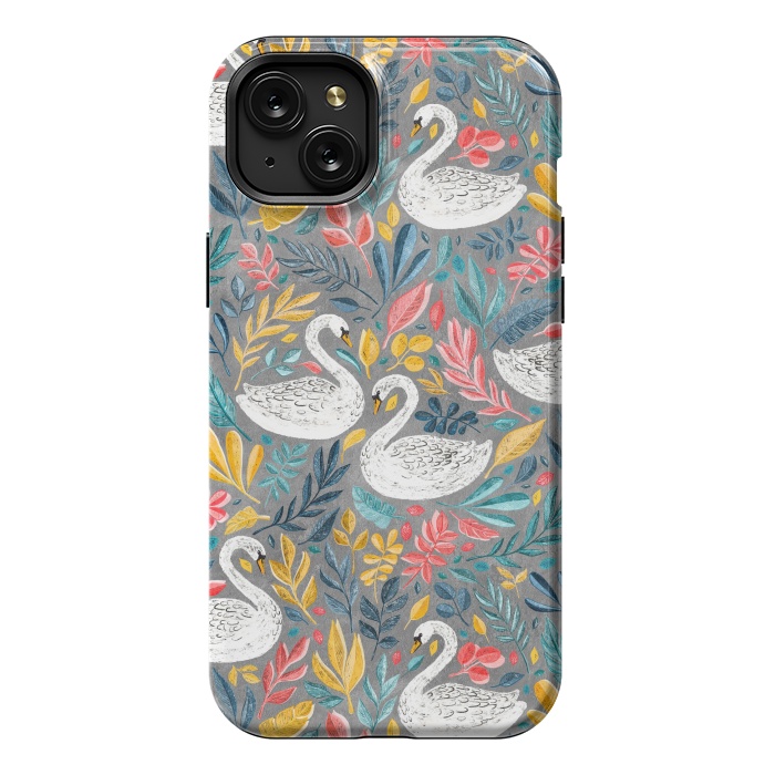 iPhone 15 Plus StrongFit Whimsical White Swans with Lots of Leaves on Grey by Micklyn Le Feuvre