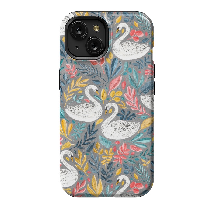 iPhone 15 StrongFit Whimsical White Swans with Lots of Leaves on Grey by Micklyn Le Feuvre