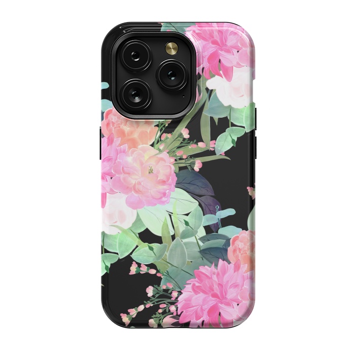 iPhone 15 Pro StrongFit Trendy Pink & Black Flowers Watercolor Design by InovArts