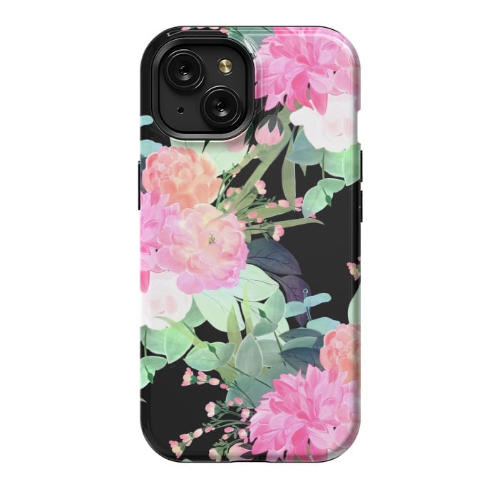 iPhone 15 StrongFit Trendy Pink & Black Flowers Watercolor Design by InovArts