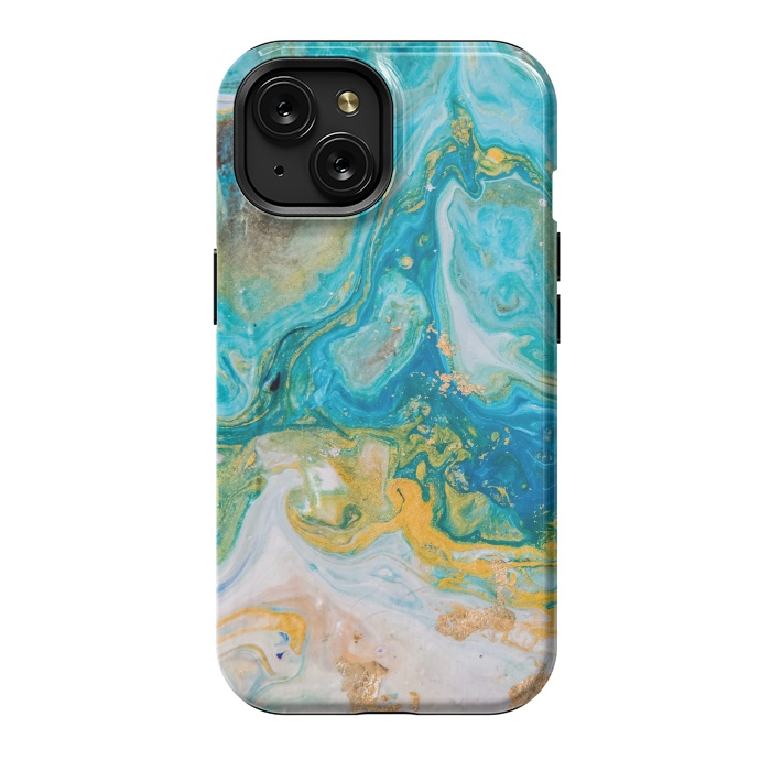 iPhone 15 StrongFit Blue Acrylic Texture with Golden Marble Motifs by ArtsCase