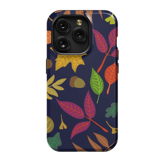iPhone 15 Pro StrongFit Colorful Leaves and Acorns on Black Background by ArtsCase