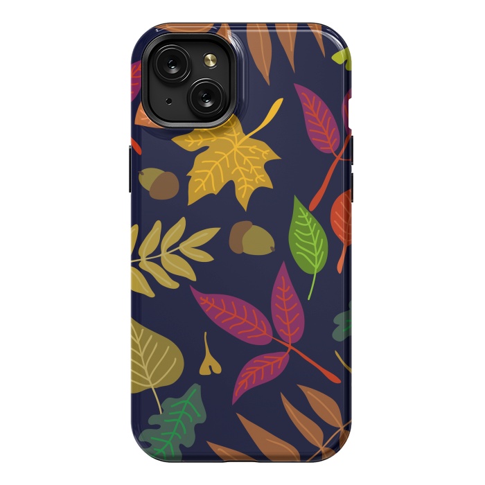 iPhone 15 Plus StrongFit Colorful Leaves and Acorns on Black Background by ArtsCase