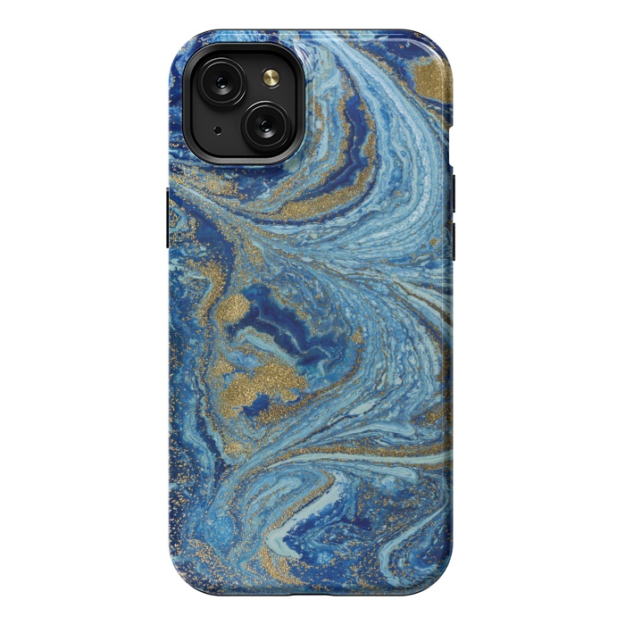 iPhone 15 Plus StrongFit Fondo Abstracto de Color Azul Marmol y Dorado by ArtsCase