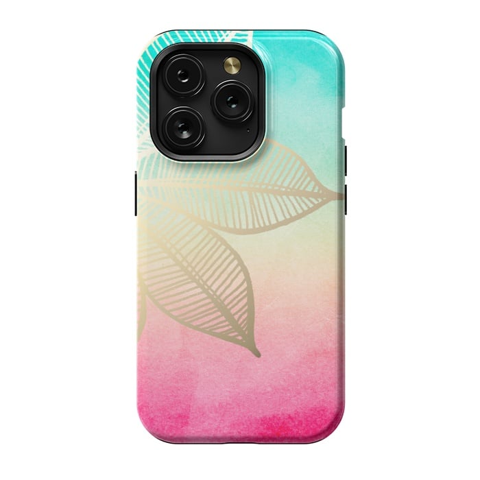 iPhone 15 Pro StrongFit Gold Flower on Turquoise and Pink Watercolor by Tangerine-Tane