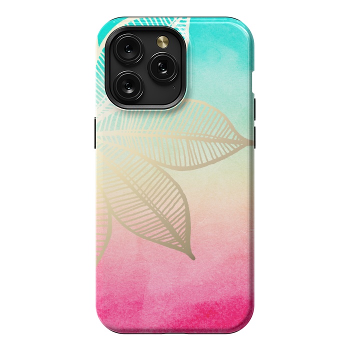 iPhone 15 Pro Max StrongFit Gold Flower on Turquoise and Pink Watercolor by Tangerine-Tane