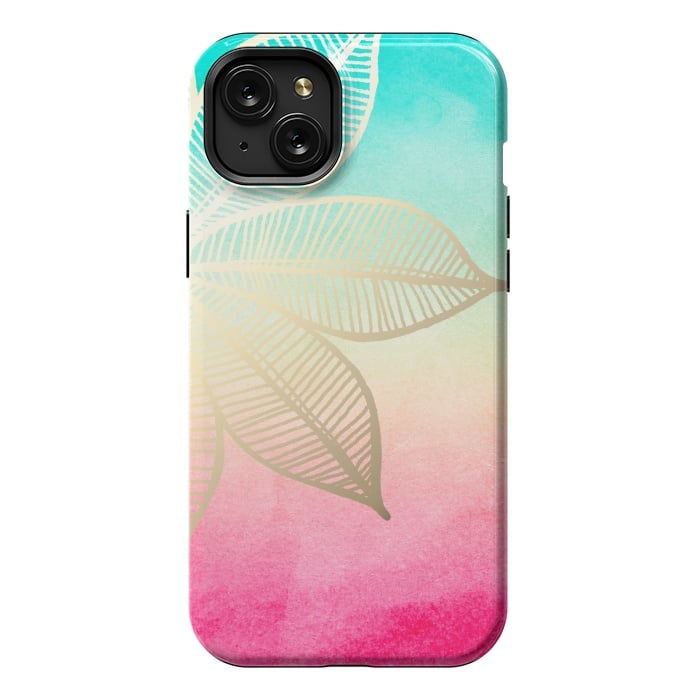 iPhone 15 Plus StrongFit Gold Flower on Turquoise and Pink Watercolor by Tangerine-Tane