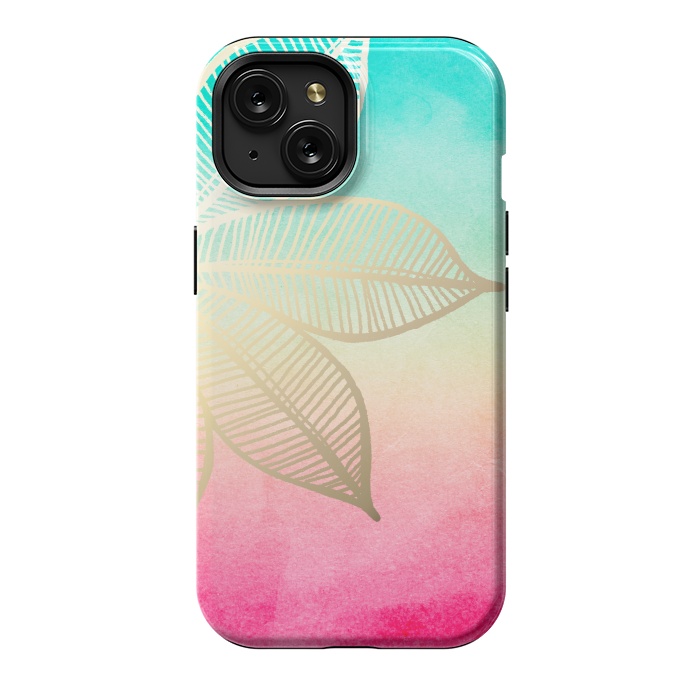 iPhone 15 StrongFit Gold Flower on Turquoise and Pink Watercolor by Tangerine-Tane